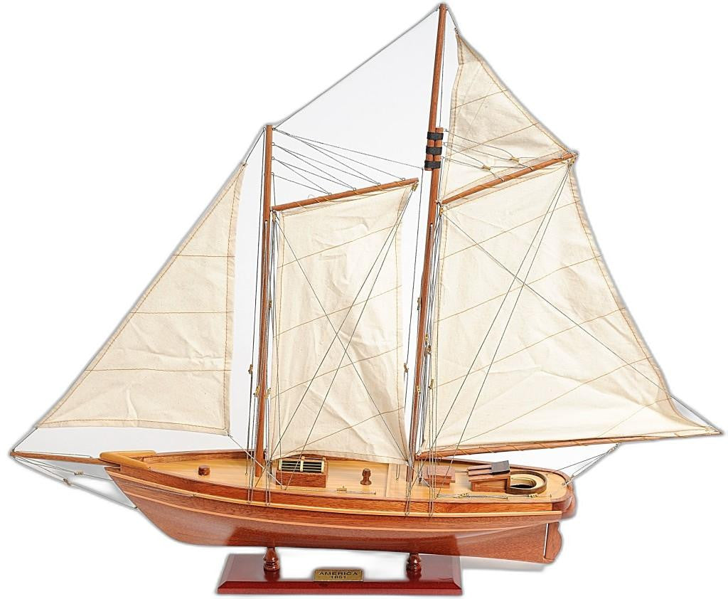 28" Wood Brown America 1851 Yacht Hand Painted Sculpture-Sculptures-DECOROLALA