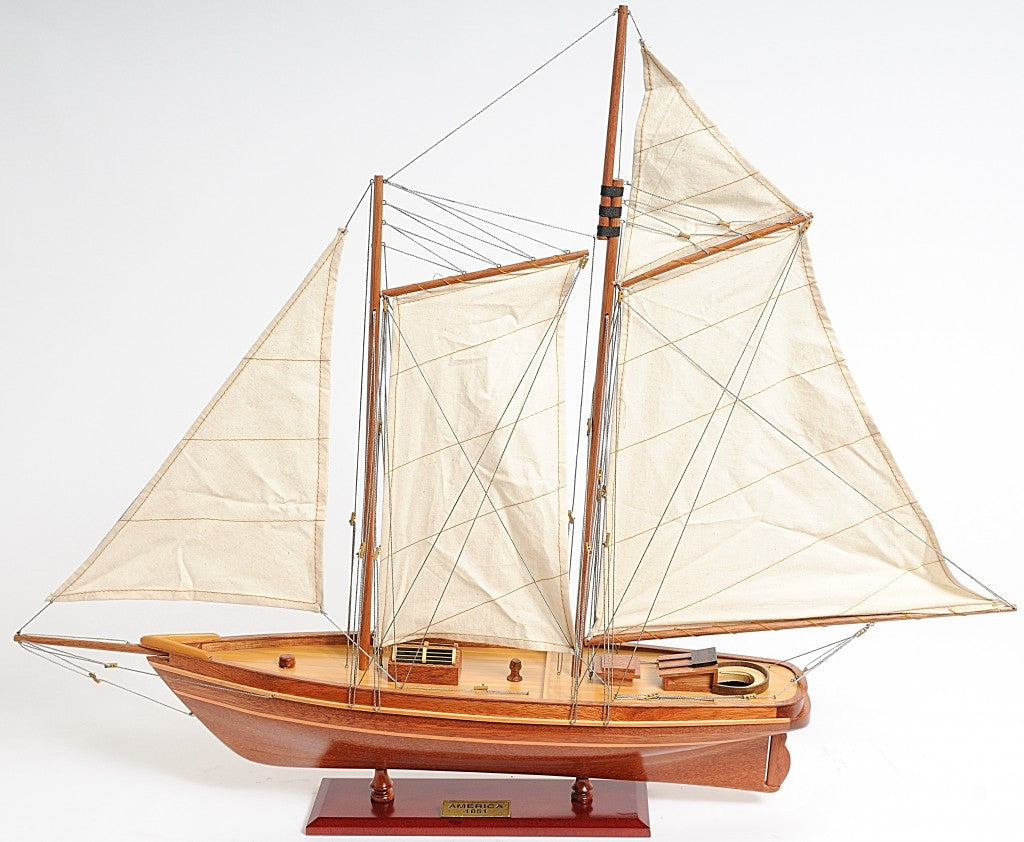 28" Wood Brown America 1851 Yacht Hand Painted Sculpture-Sculptures-DECOROLALA