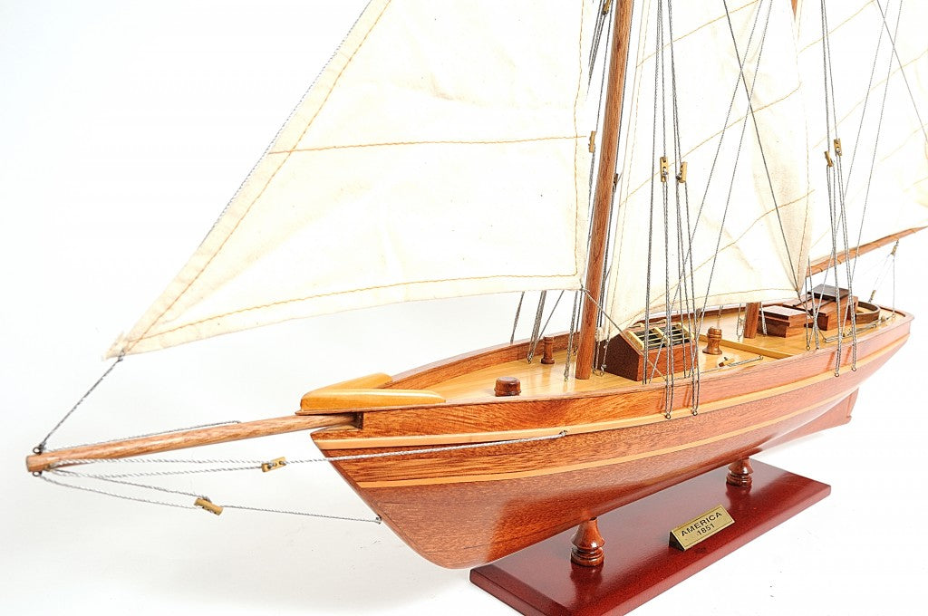 28" Wood Brown America 1851 Yacht Hand Painted Sculpture-Sculptures-DECOROLALA