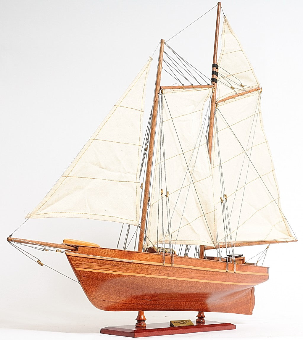 28" Wood Brown America 1851 Yacht Hand Painted Sculpture-Sculptures-DECOROLALA
