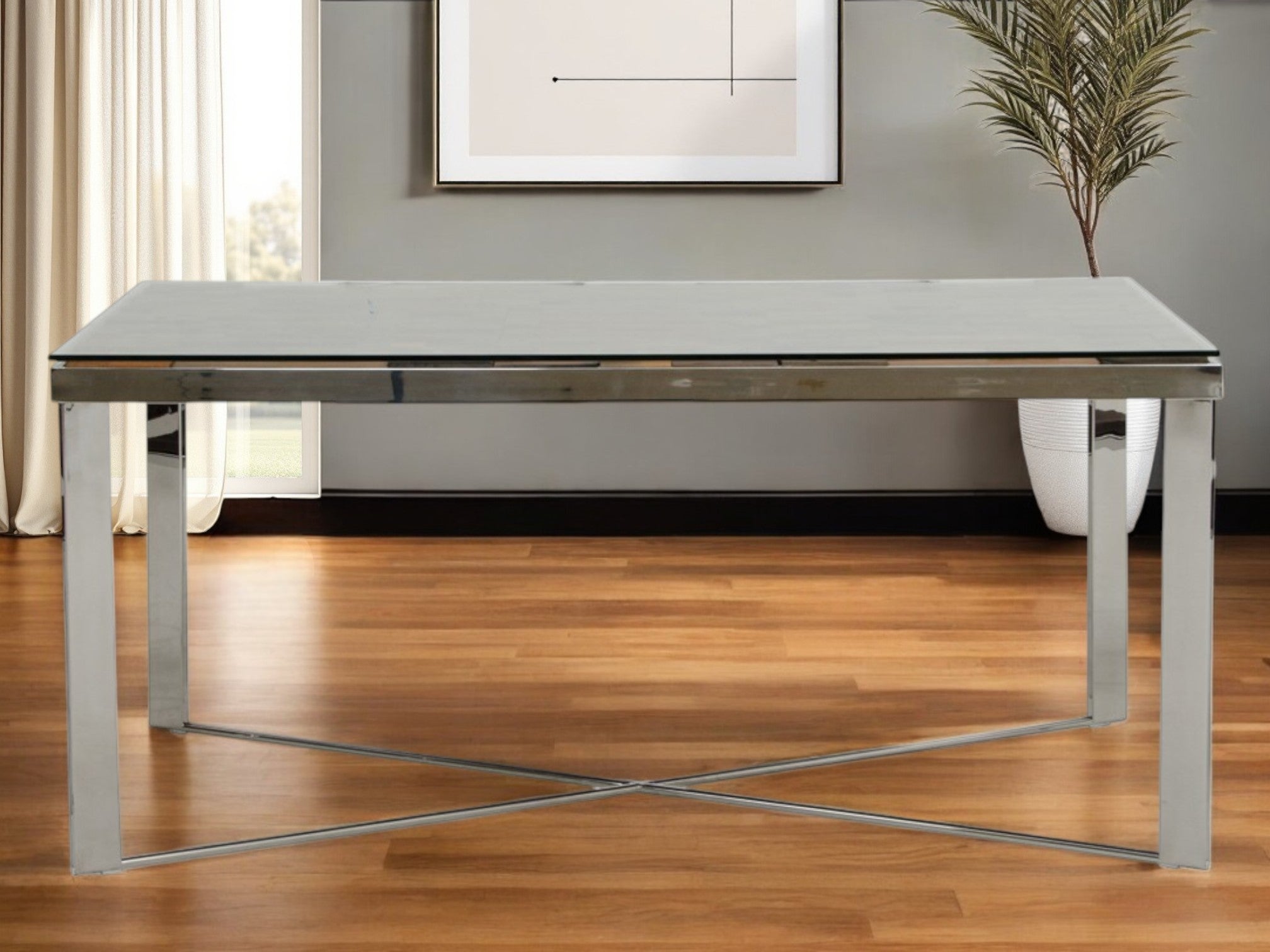 80" Clear And Silver Solid Wood And Stainless Steel Trestle Base Dining Table-Dining Tables-DECOROLALA