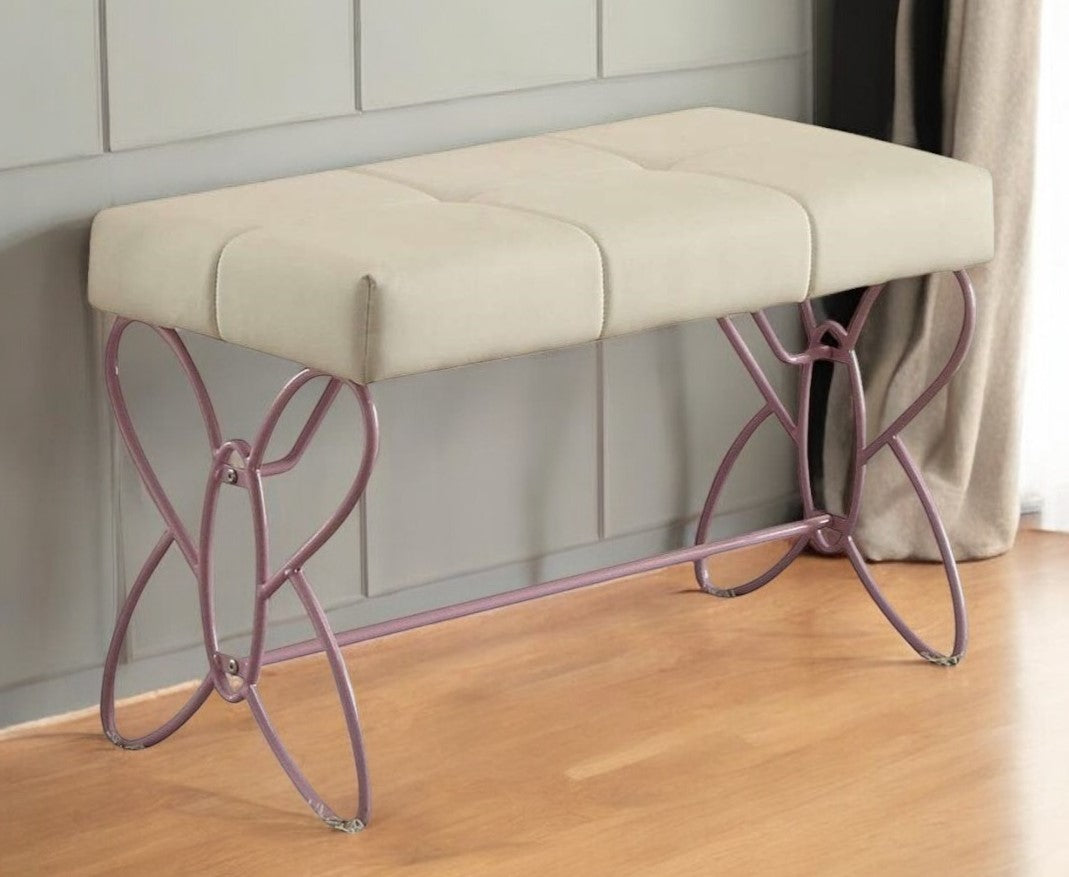 32" White and Purple Tufted Faux Leather Upholstered Bench-Benches-DECOROLALA