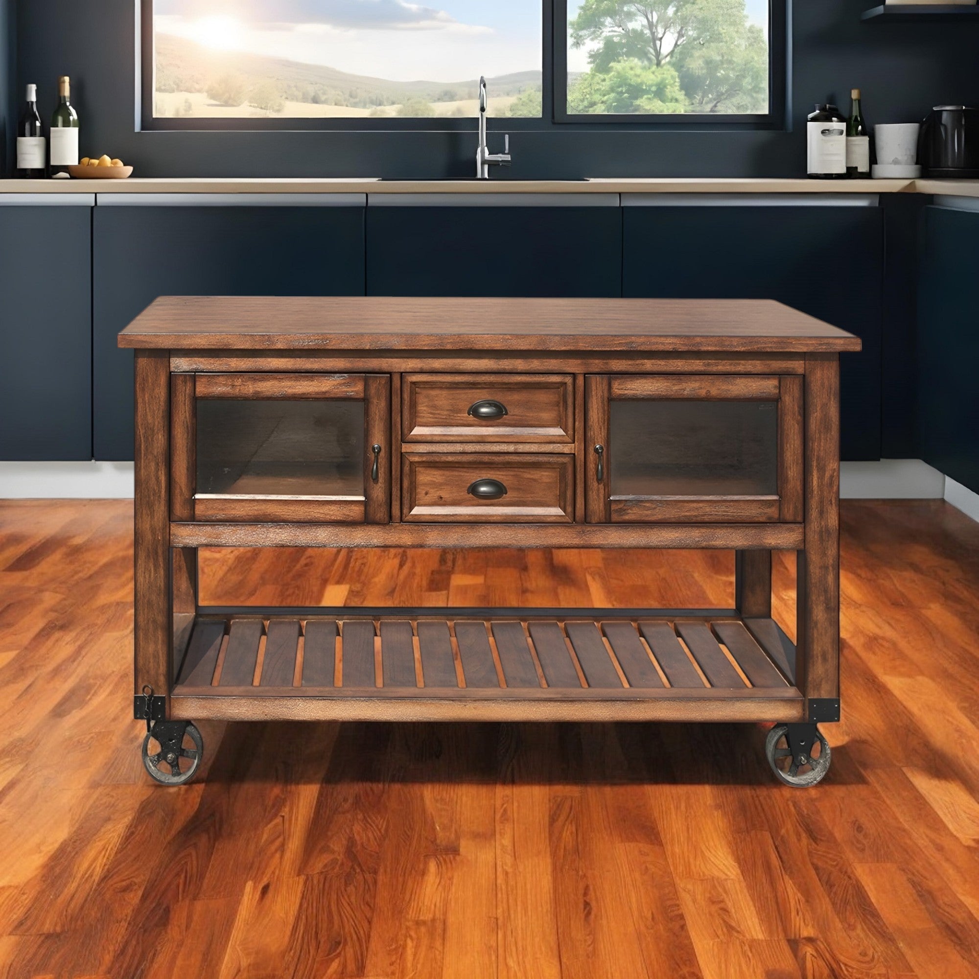 58" Rustic Brown Rolling Kitchen Cart With Storage-Kitchen Carts-Islands-DECOROLALA