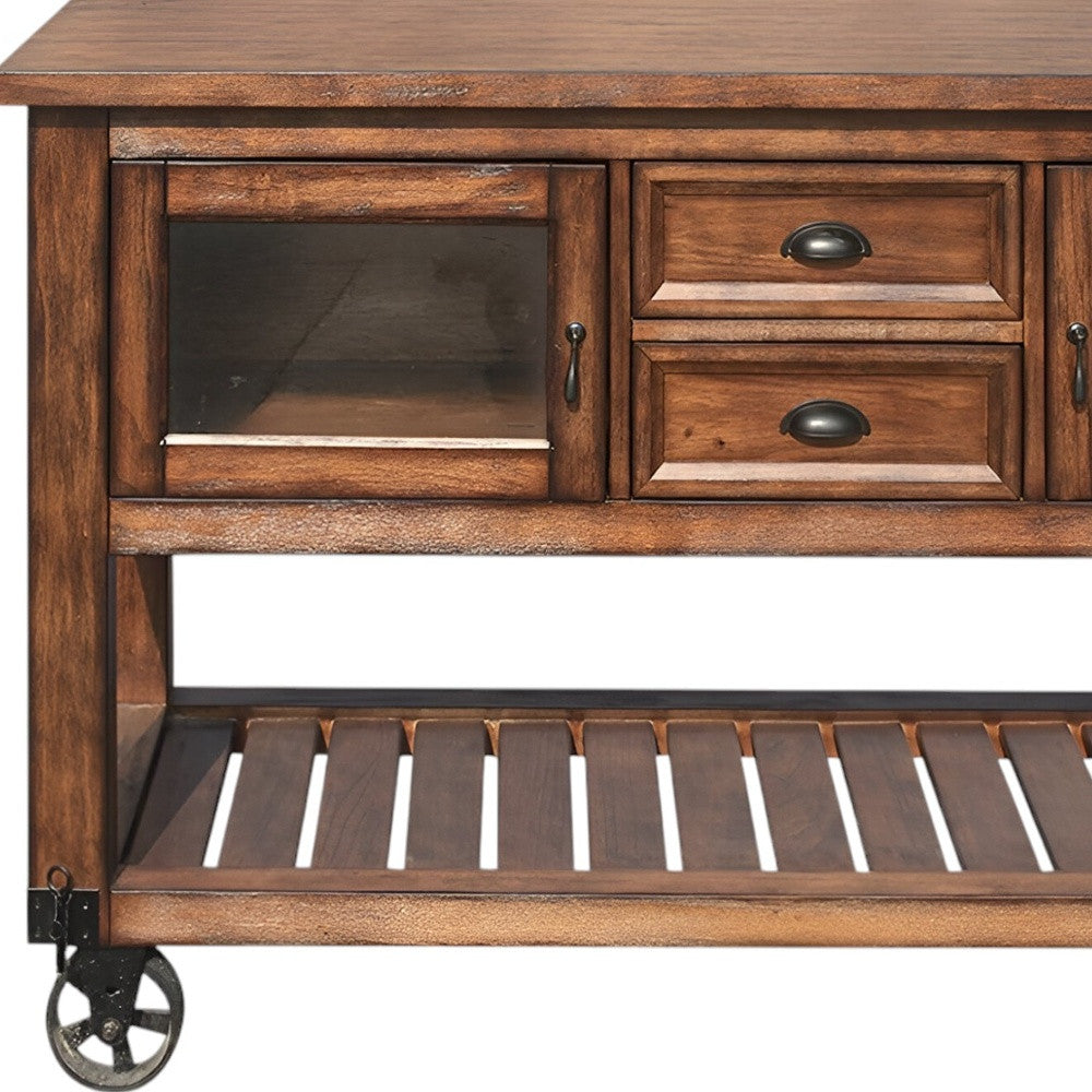 58" Rustic Brown Rolling Kitchen Cart With Storage-Kitchen Carts-Islands-DECOROLALA