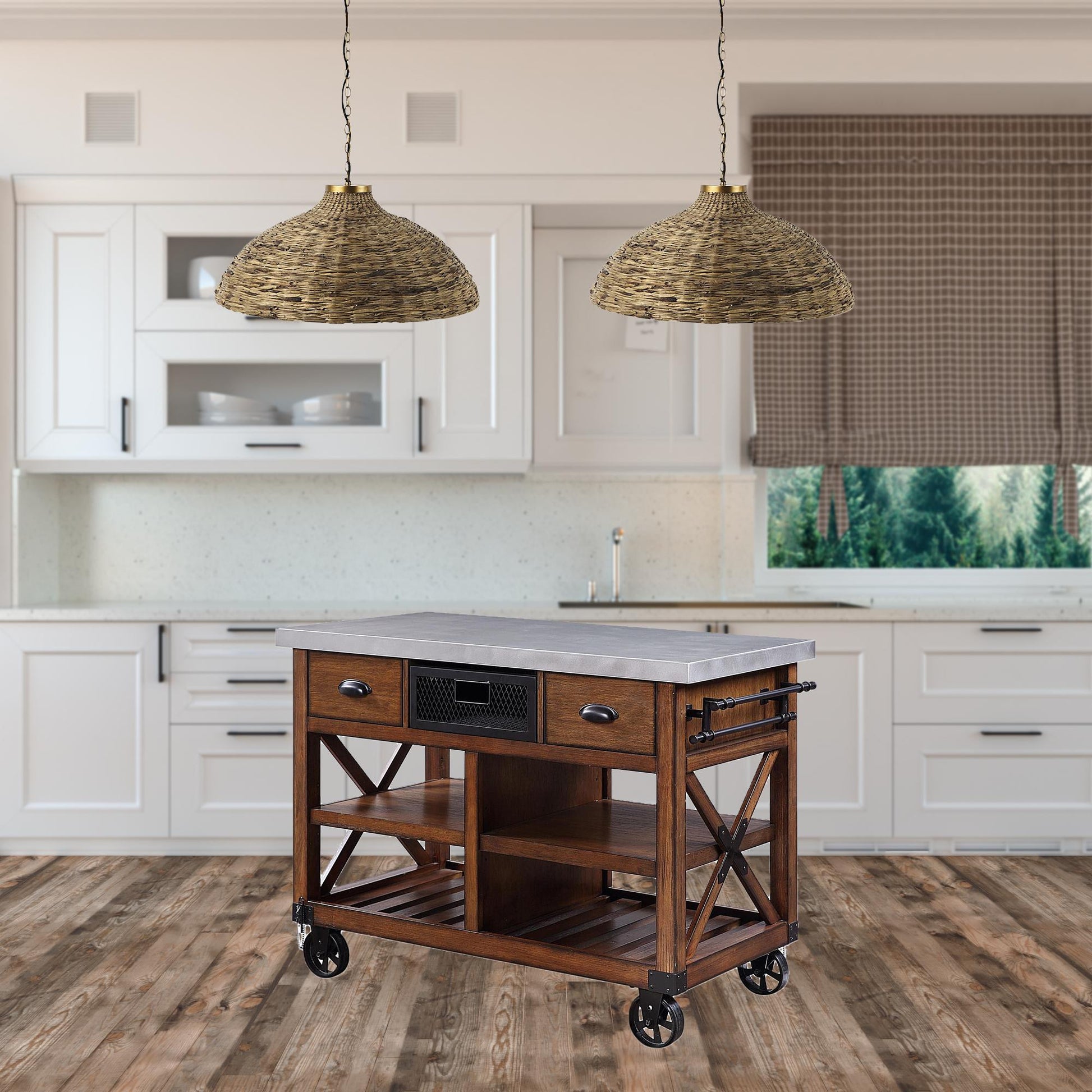Brown And Silver 48" Rolling Kitchen Cart With Storage-Kitchen Carts-Islands-DECOROLALA