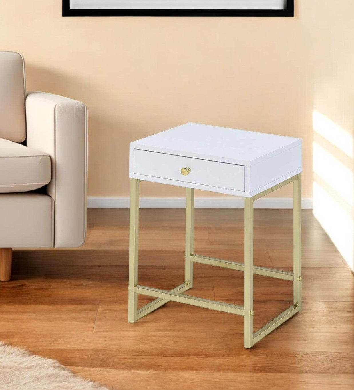 24" Gold And White Solid Wood End Table With Drawer-End-Side Tables-DECOROLALA