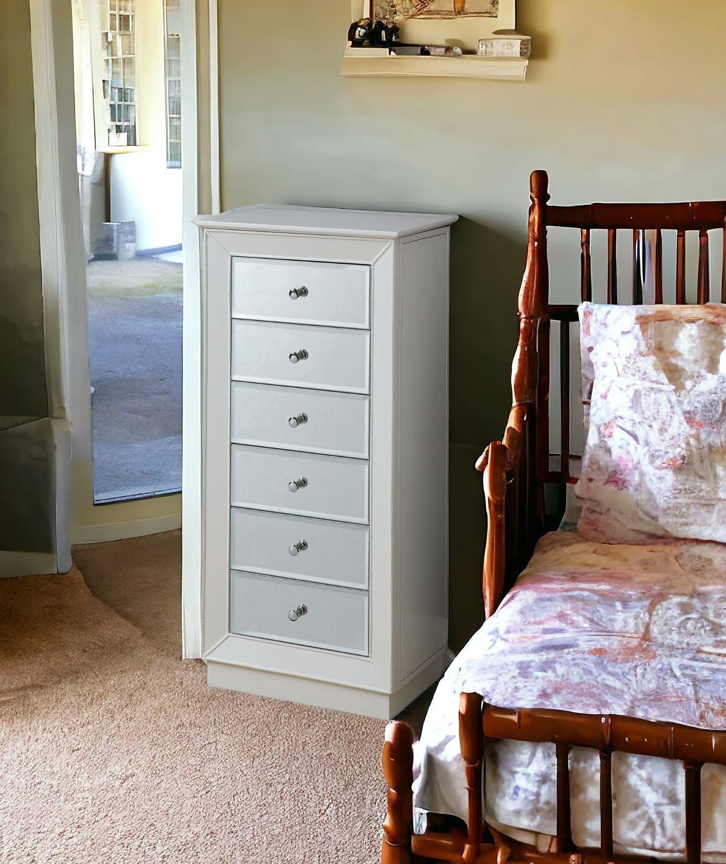 38" White Six Drawer Wood and Mirrored Glass Jewelry Armoire-Nightstands & Bedside Tables-DECOROLALA