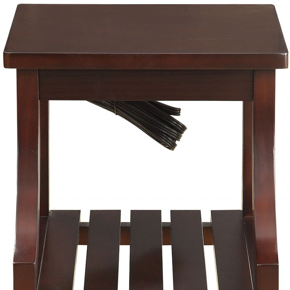 24" Brown Wood End Table With Two Shelves And USB Port-5