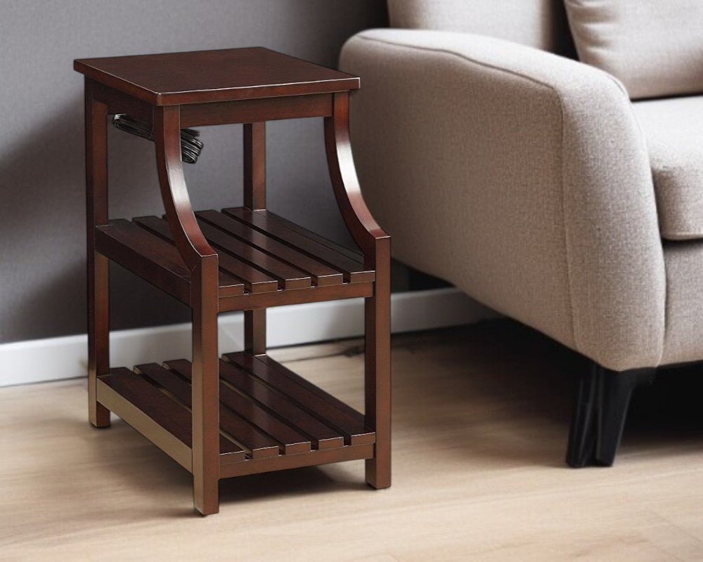 24" Brown Wood End Table With Two Shelves And USB Port-1