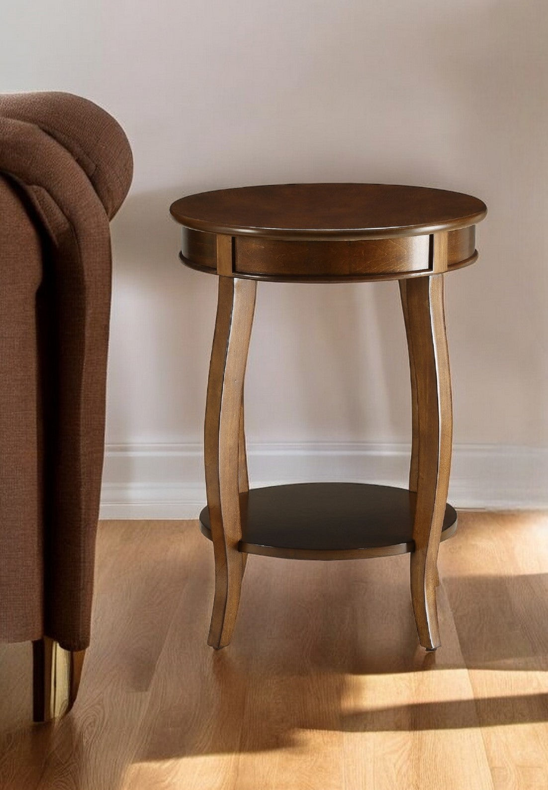 24" Brown Solid Wood Round End Table With Shelf-End-Side Tables-DECOROLALA
