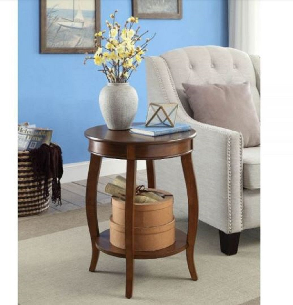 24" Brown Solid Wood Round End Table With Shelf-End-Side Tables-DECOROLALA