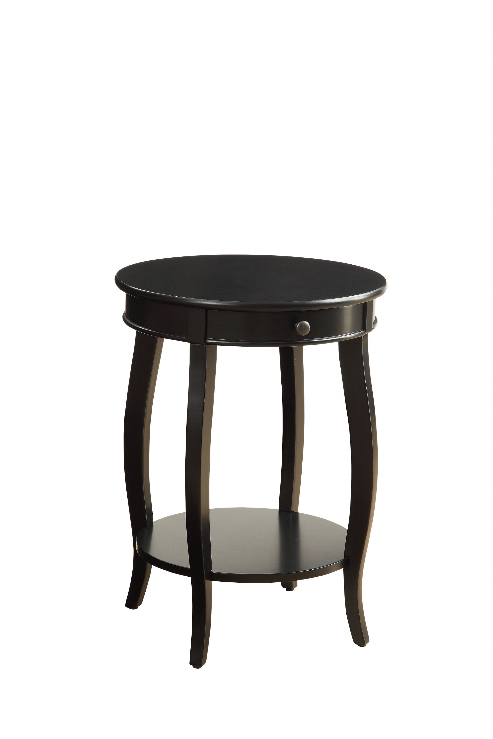 24" Black Wood Round End Table With Drawer And Shelf-End-Side Tables-DECOROLALA