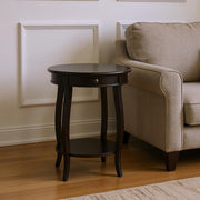 24" Black Wood Round End Table With Drawer And Shelf-End-Side Tables-DECOROLALA