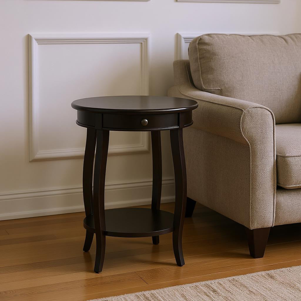 24" Black Wood Round End Table With Drawer And Shelf-End-Side Tables-DECOROLALA