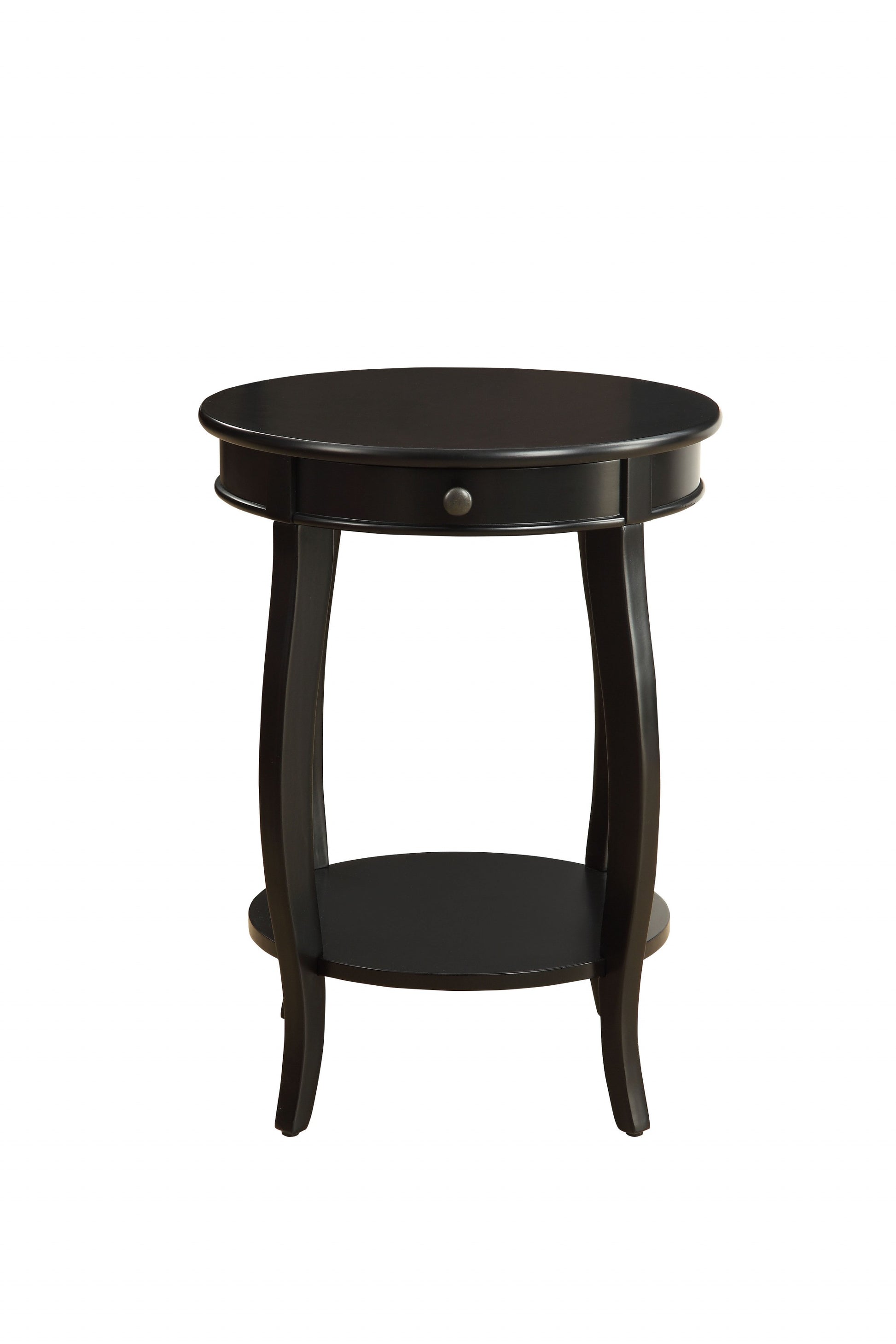 24" Black Wood Round End Table With Drawer And Shelf-End-Side Tables-DECOROLALA