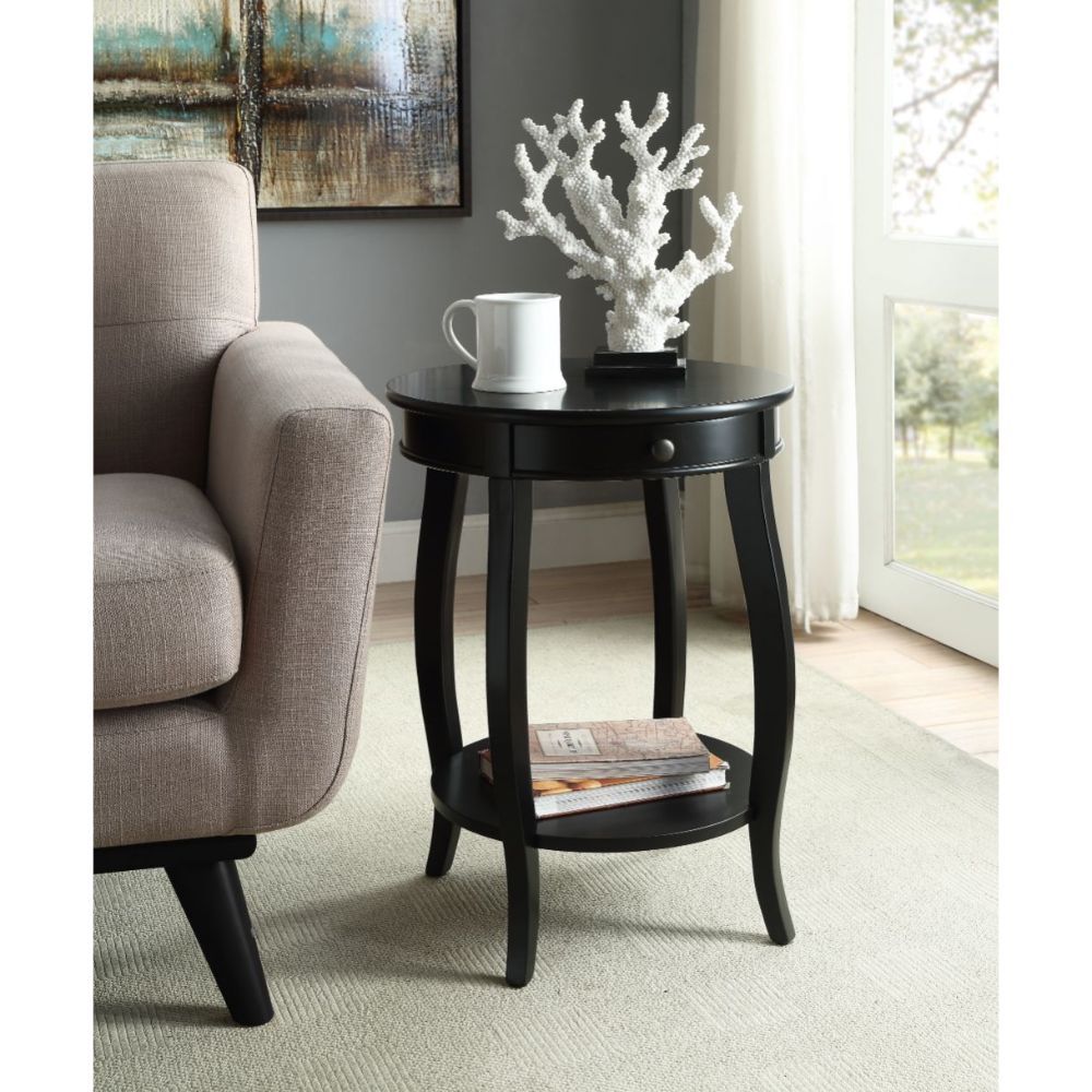 24" Black Wood Round End Table With Drawer And Shelf-End-Side Tables-DECOROLALA