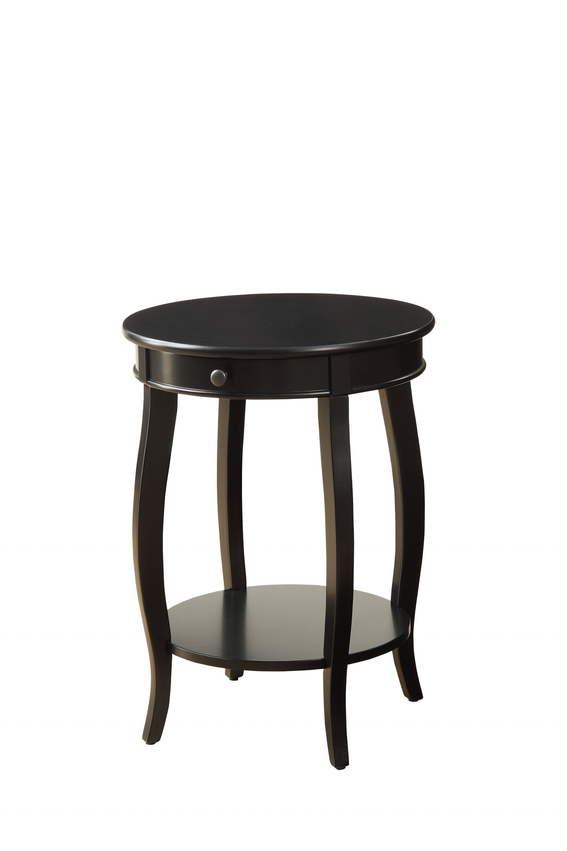 24" Black Wood Round End Table With Drawer And Shelf-End-Side Tables-DECOROLALA
