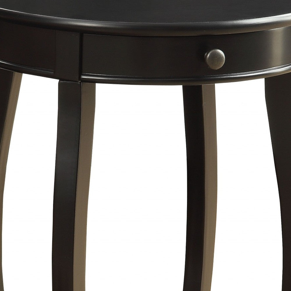 24" Black Wood Round End Table With Drawer And Shelf-End-Side Tables-DECOROLALA