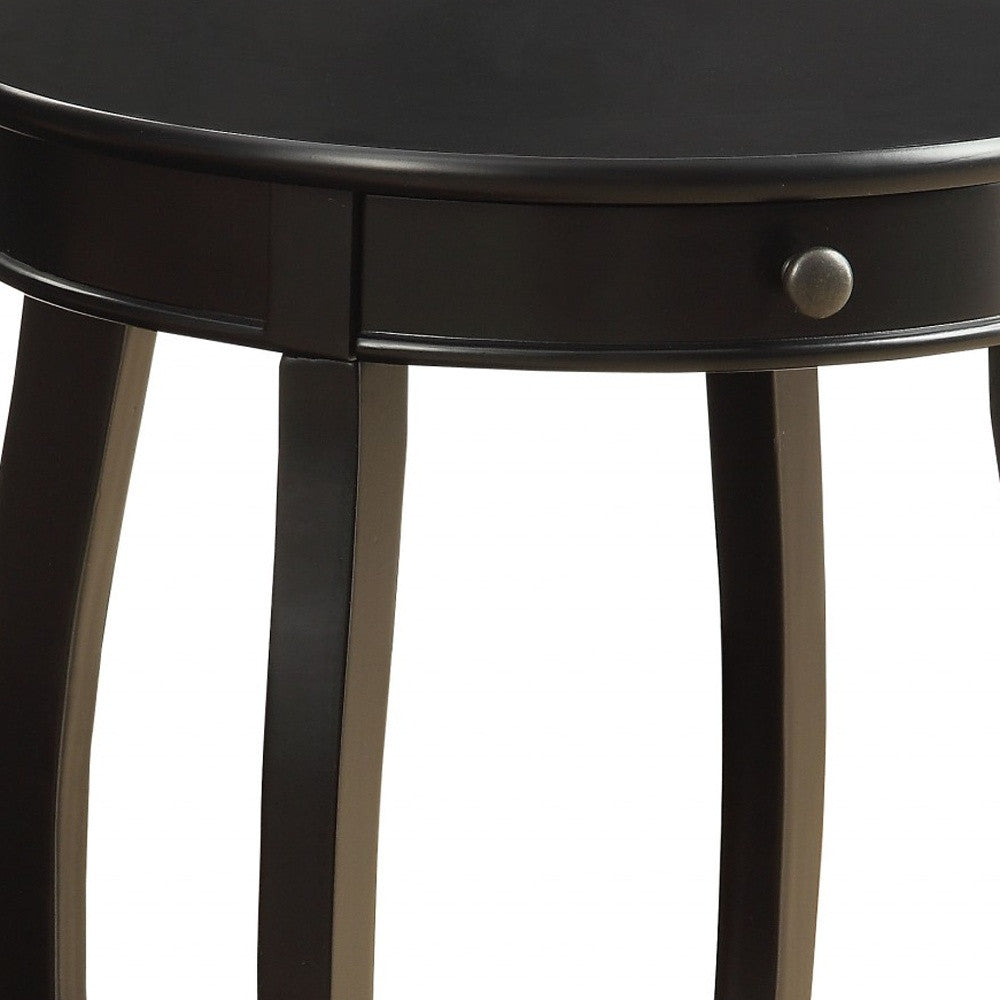 24" Black Wood Round End Table With Drawer And Shelf-End-Side Tables-DECOROLALA