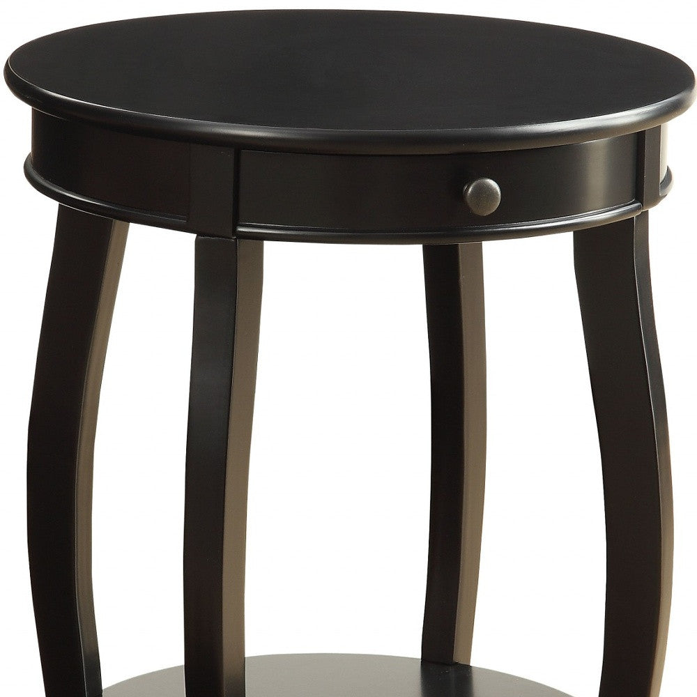 24" Black Wood Round End Table With Drawer And Shelf-End-Side Tables-DECOROLALA
