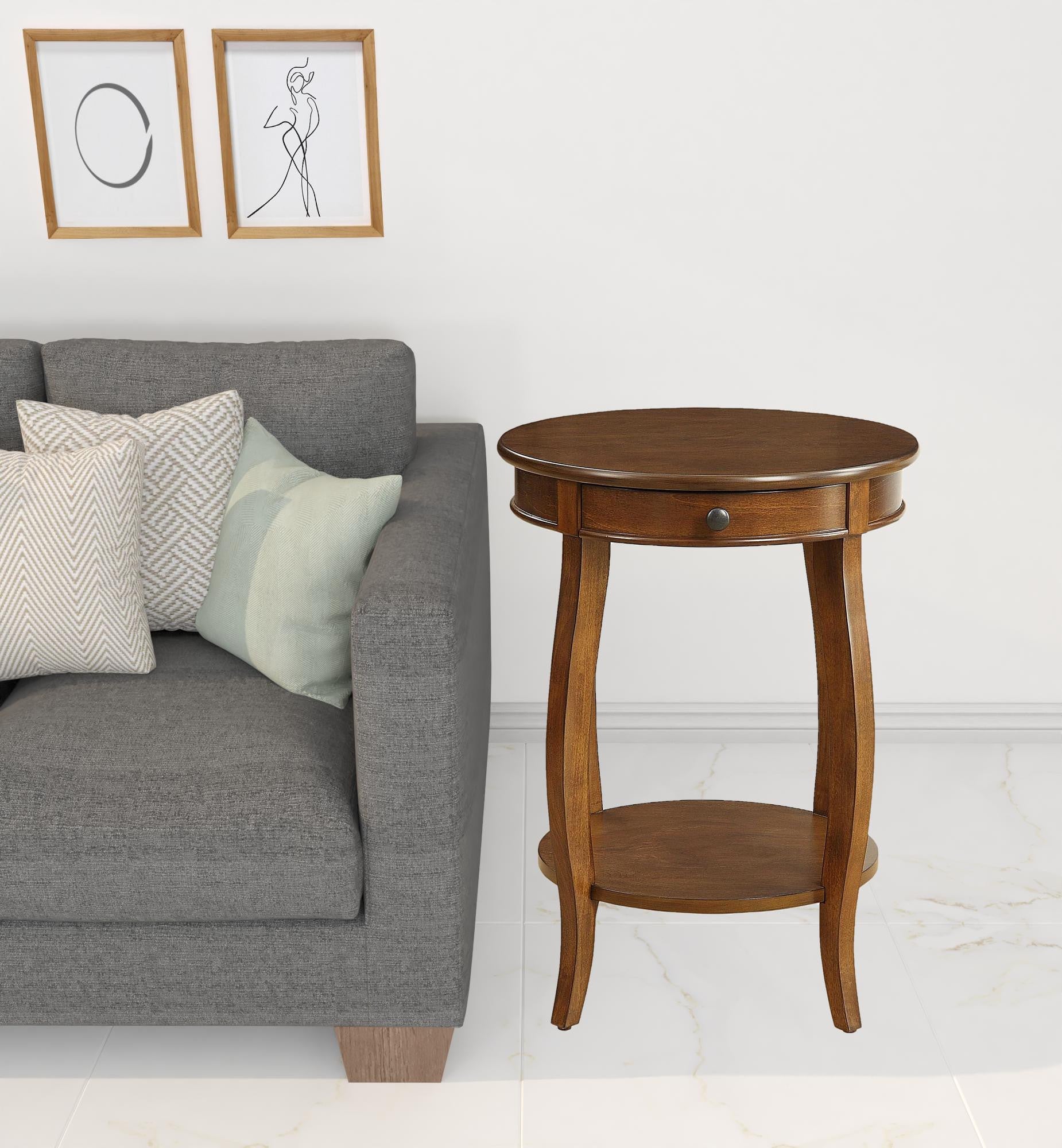 24" Brown Solid Wood Round End Table With Shelf-3