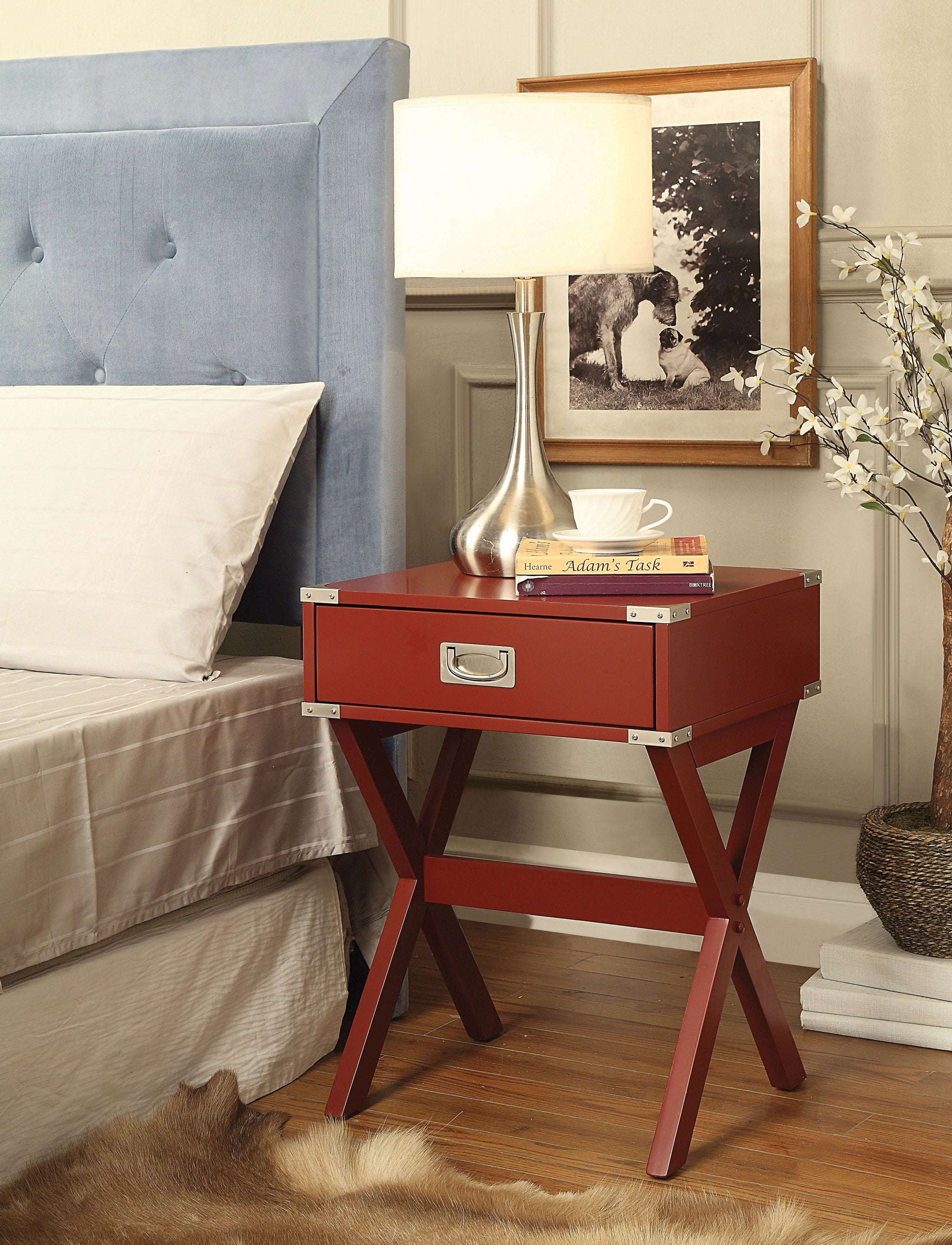 24" Red Wood Cross Legs End Table With Drawer-End-Side Tables-DECOROLALA