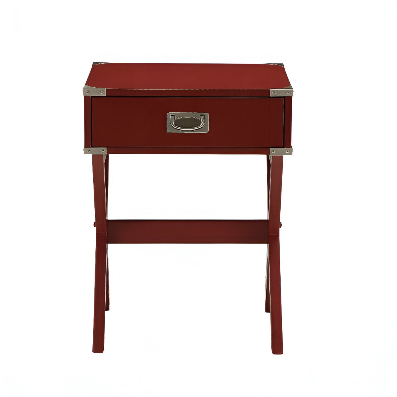 24" Red Wood Cross Legs End Table With Drawer-End-Side Tables-DECOROLALA