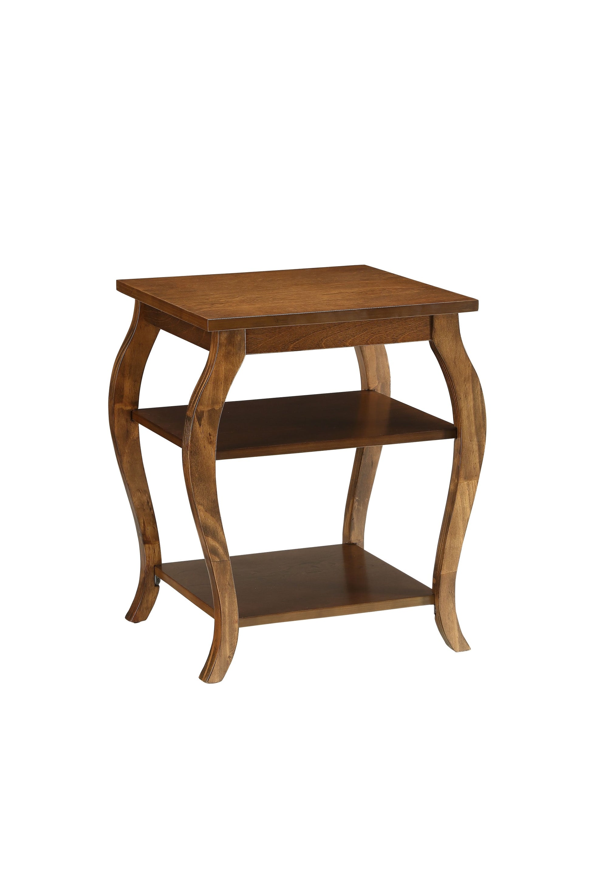 23" Brown Wood Bow Leg End Table With Two Shelves-2