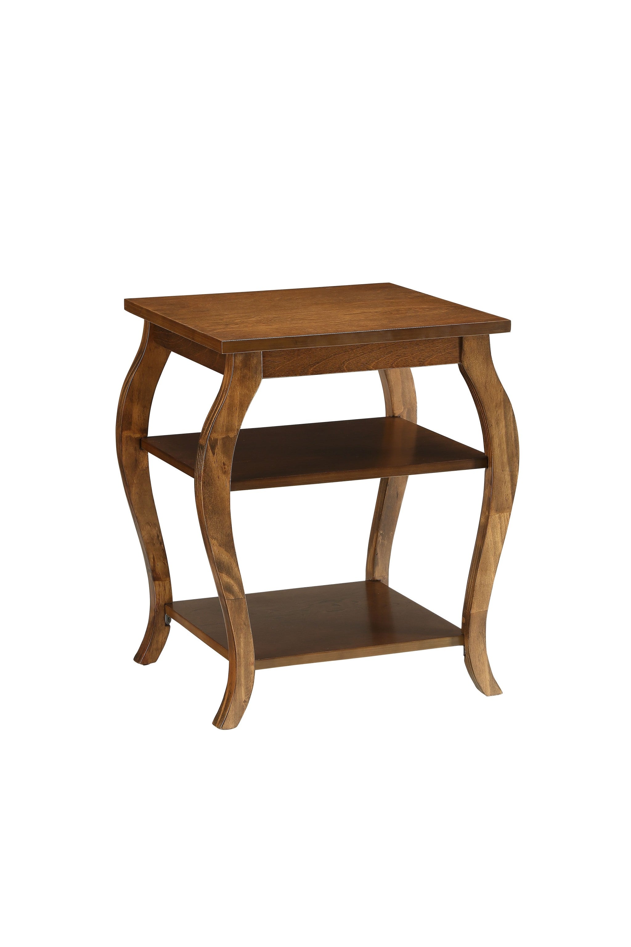 23" Brown Wood Bow Leg End Table With Two Shelves-2
