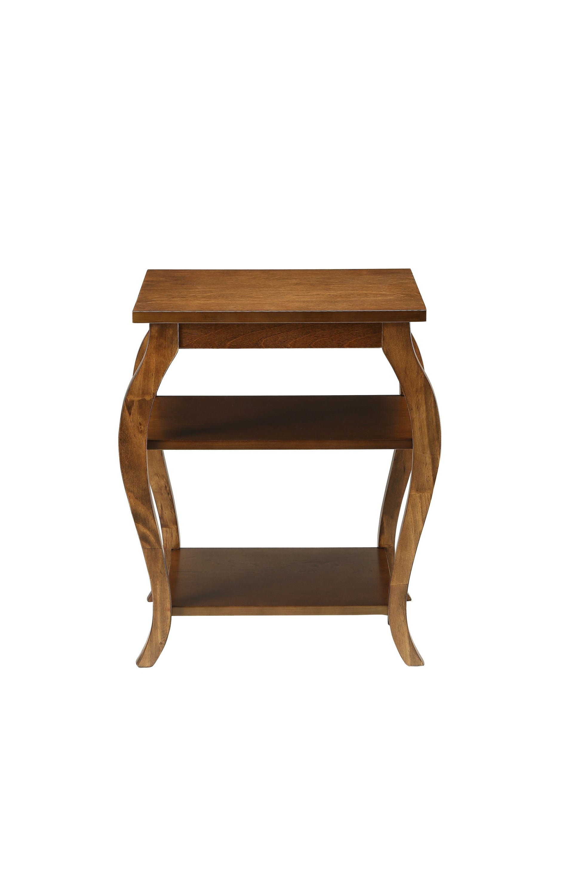 23" Brown Wood Bow Leg End Table With Two Shelves-1