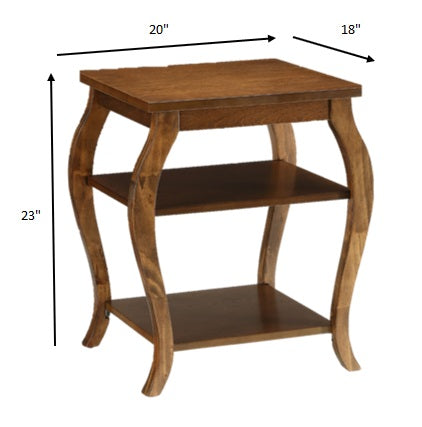 23" Brown Wood Bow Leg End Table With Two Shelves-6