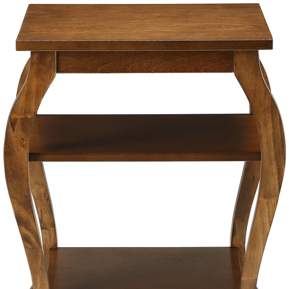23" Brown Wood Bow Leg End Table With Two Shelves-4