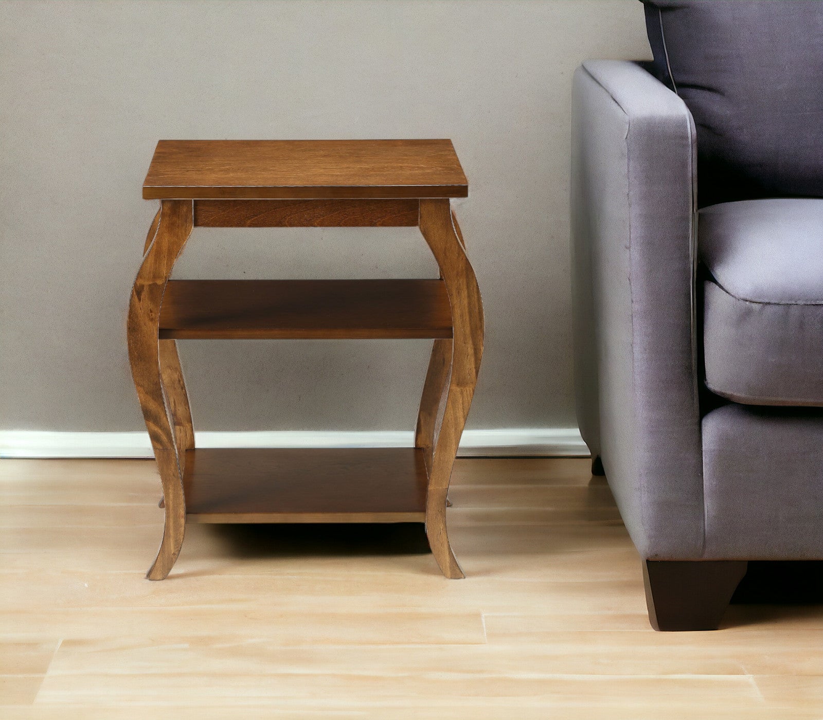 23" Brown Wood Bow Leg End Table With Two Shelves-0