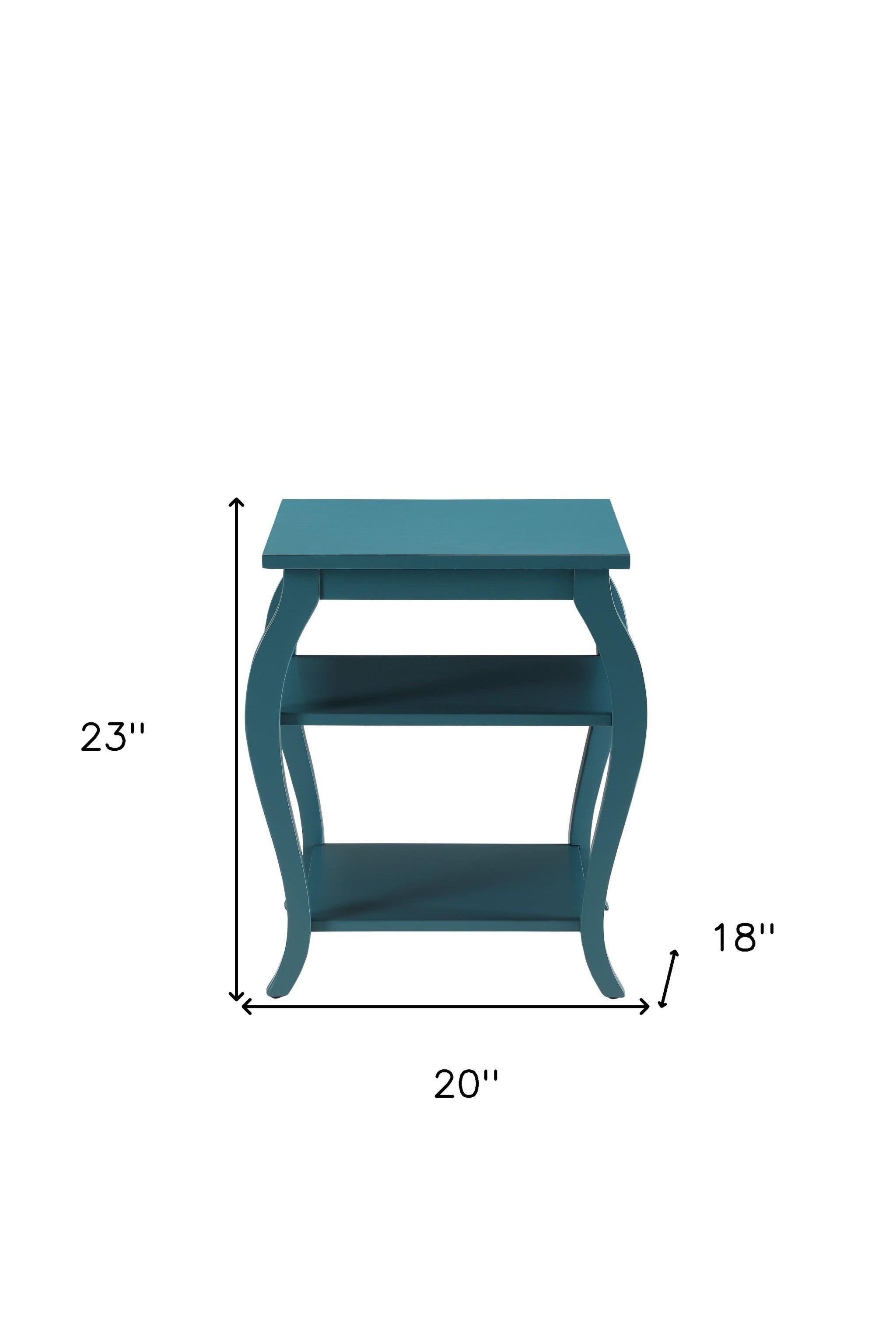 23" Teal Blue Wood Bow Leg End Table With Two Shelves-7