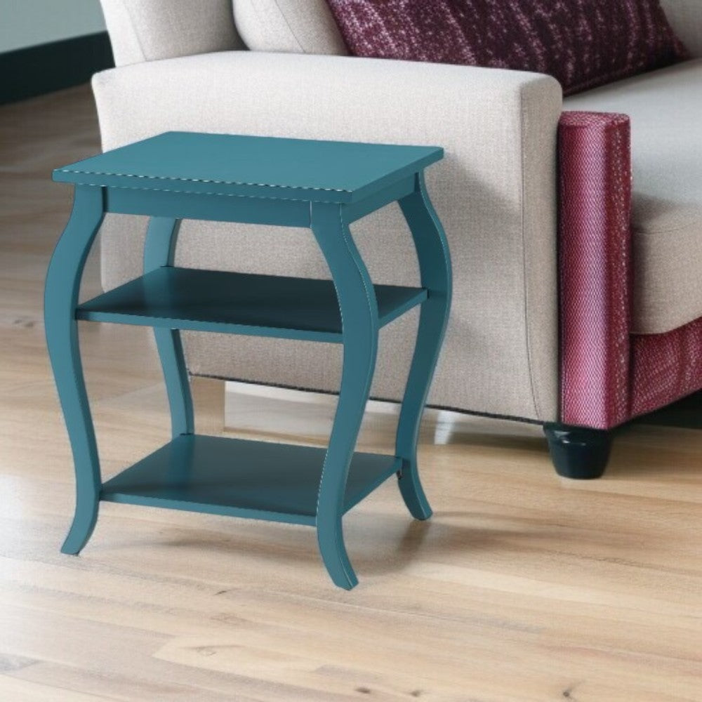 23" Teal Blue Wood Bow Leg End Table With Two Shelves-0
