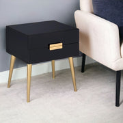 24" Black And Gold Wood And Iron End Table With Two Drawers-End-Side Tables-DECOROLALA