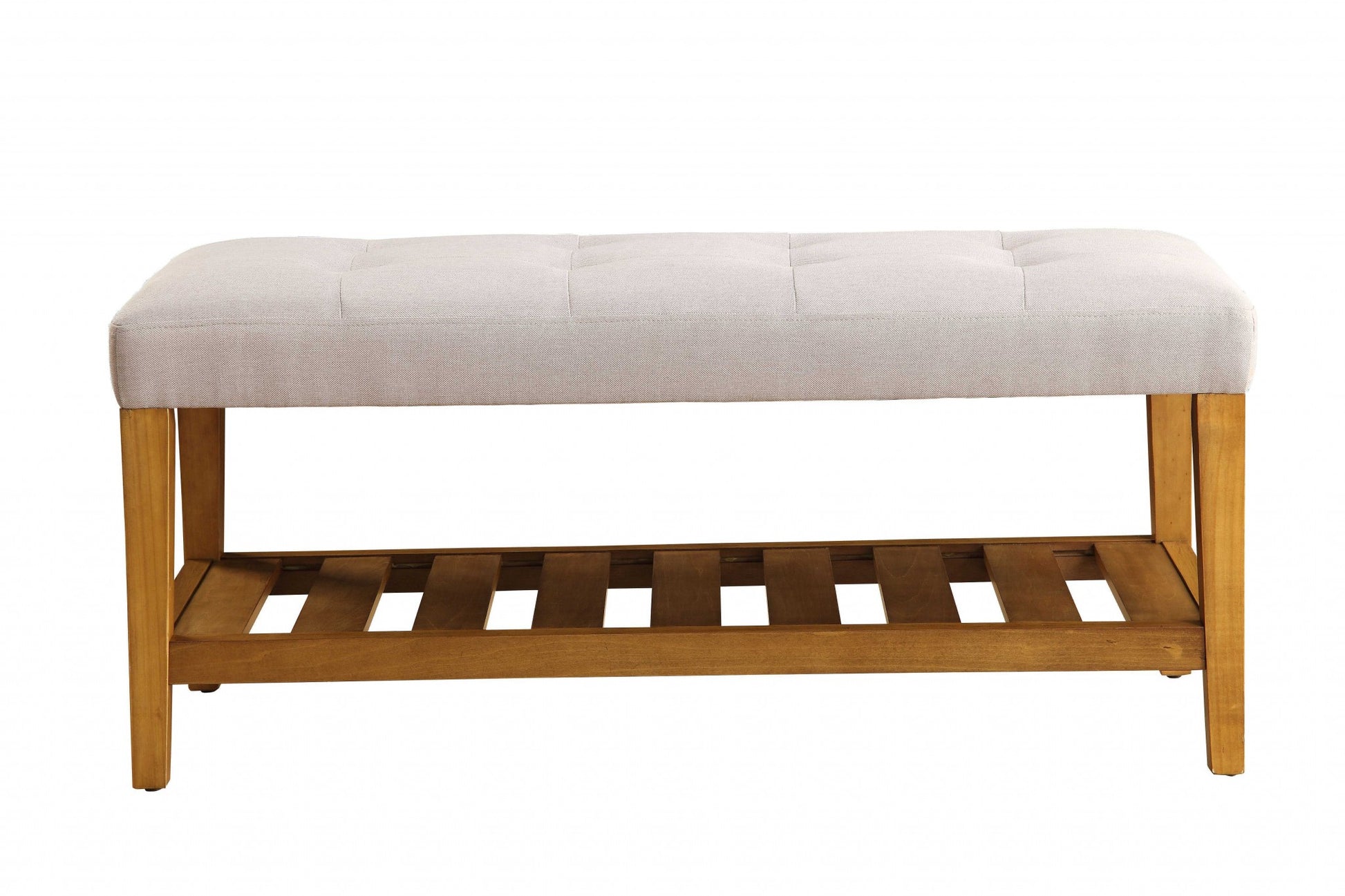 40" Light Gray and Brown Upholstered Polyester Bench with Shelves-Benches-DECOROLALA