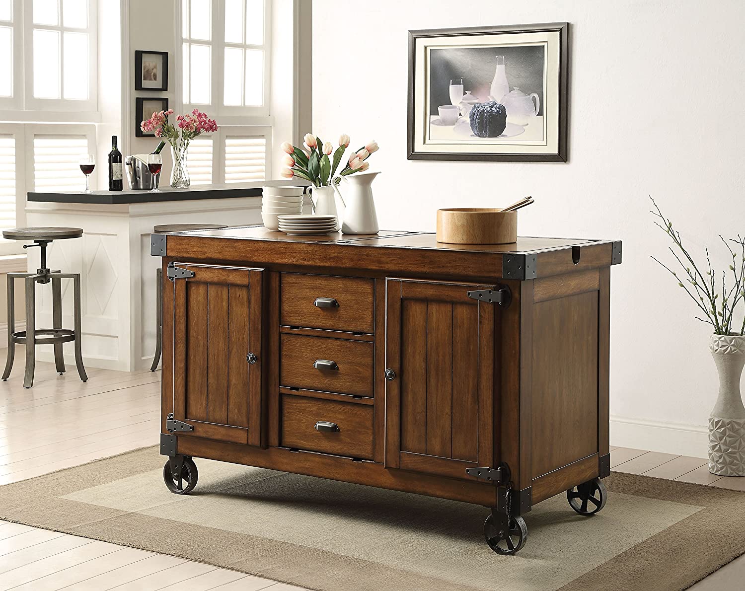 Rustic Farmhouse Warm Tobacco Rolling Kitchen Cart-6