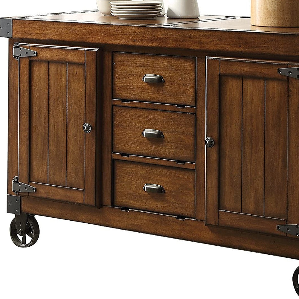 Rustic Farmhouse Warm Tobacco Rolling Kitchen Cart-4