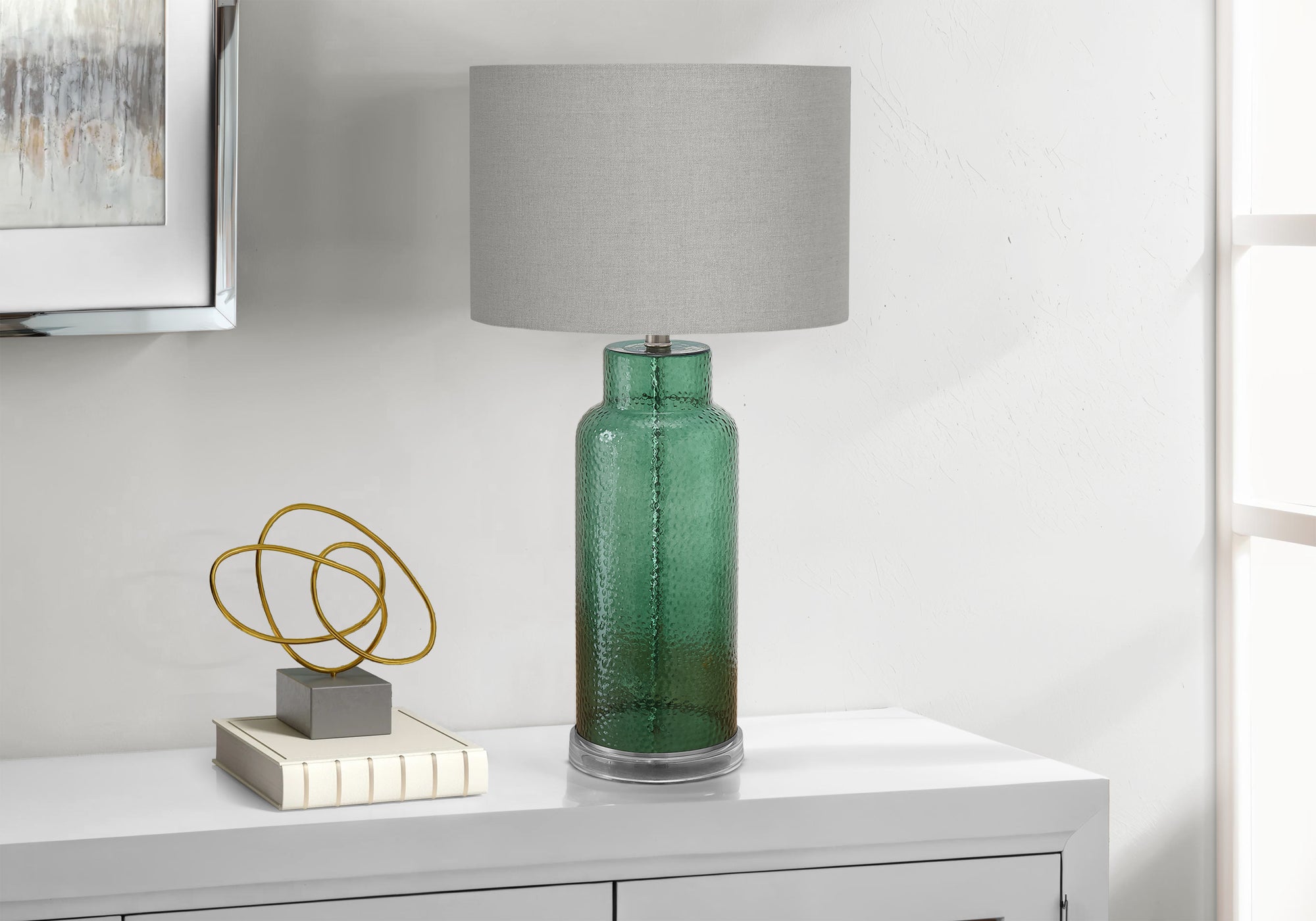 28"H Green Glass Table Lamp with Grey Shade-Lighting-DECOROLALA