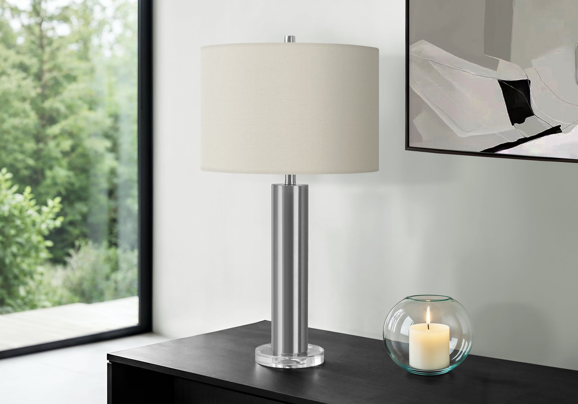 28"H Nickel Table Lamp with Ivory Drum Shade-Lighting-DECOROLALA