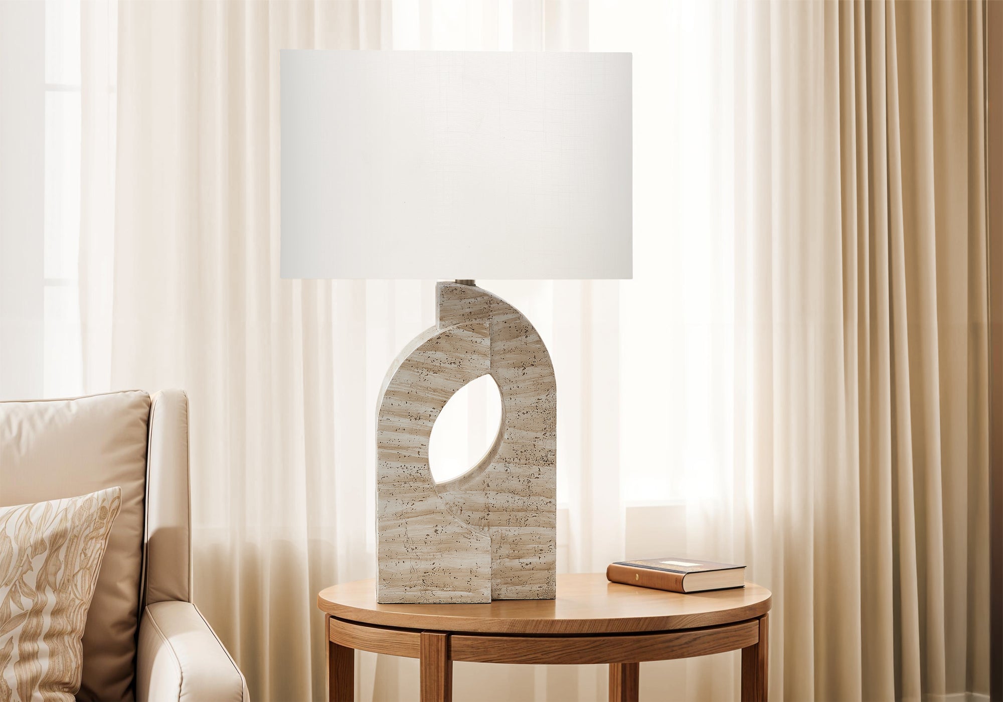 28"H Table Lamp Beige Resin Travertine with Ivory Shade-Lighting-DECOROLALA