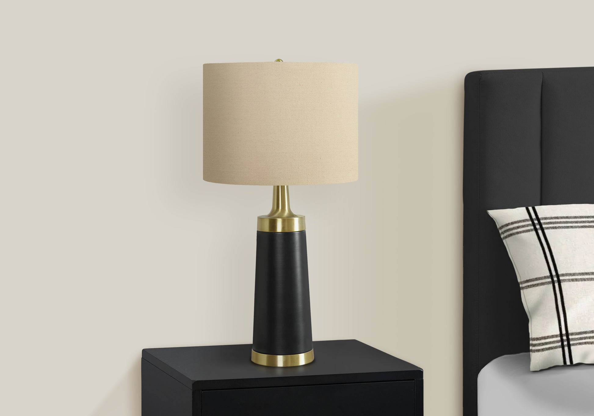 28"H Table Lamp Black Metal Gold Accents Beige Shade-Lighting-DECOROLALA