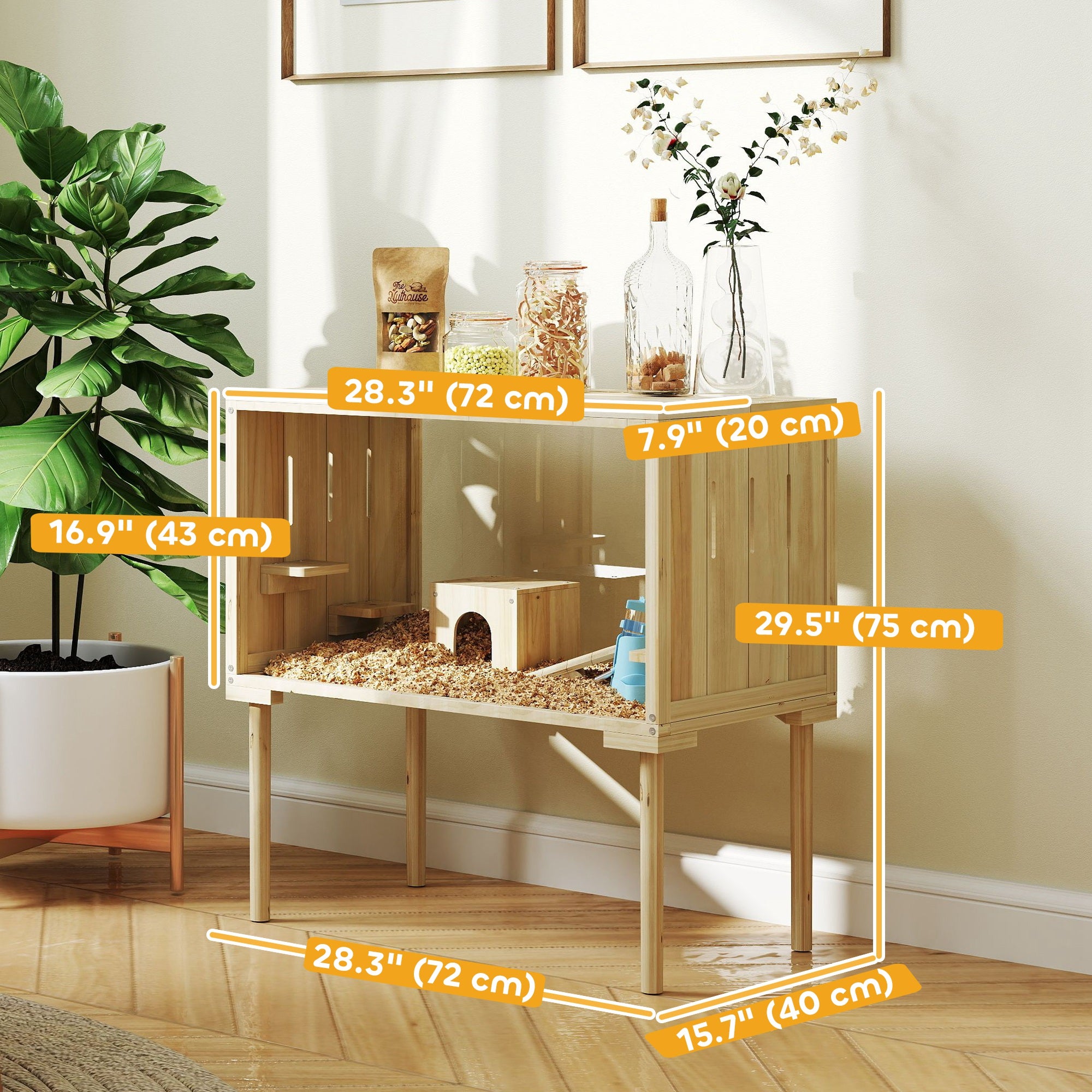 28"L Wooden Hamster Cage with Seesaw, Water Bottle, Food Dish, Hut, Transparent Panel for Easy Observe, Nature Wood-Small Animals-DECOROLALA