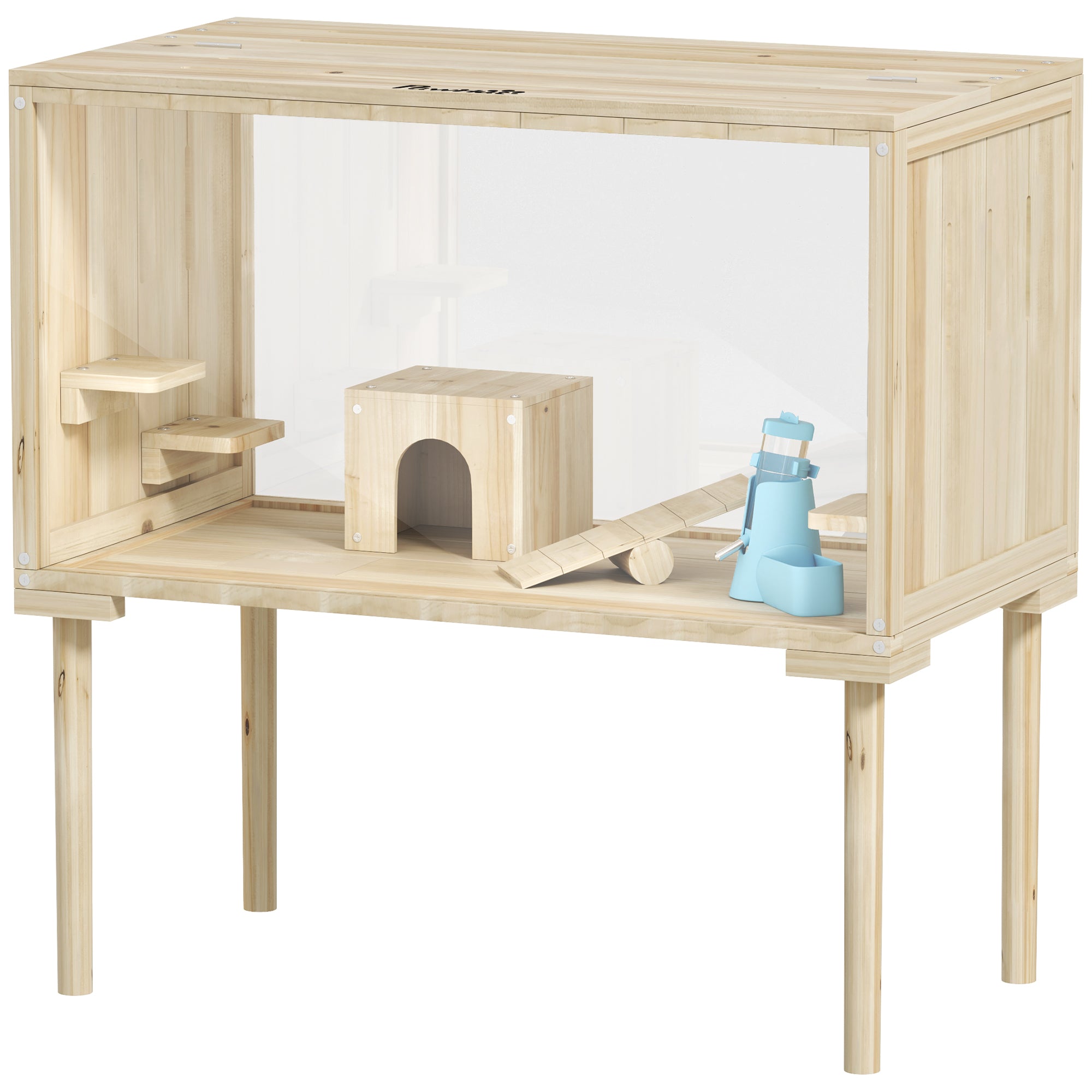 28"L Wooden Hamster Cage with Seesaw, Water Bottle, Food Dish, Hut, Transparent Panel for Easy Observe, Nature Wood-Small Animals-DECOROLALA