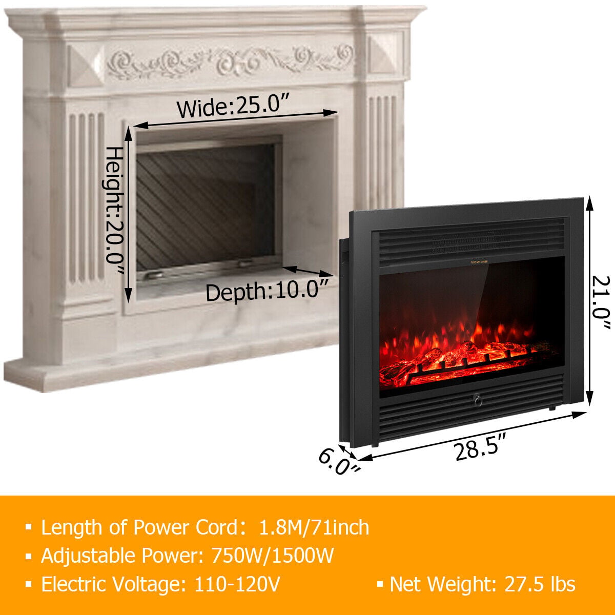 28.5 Inch Electric Fireplace Recessed with 3 Flame Colors-Fireplaces-DECOROLALA