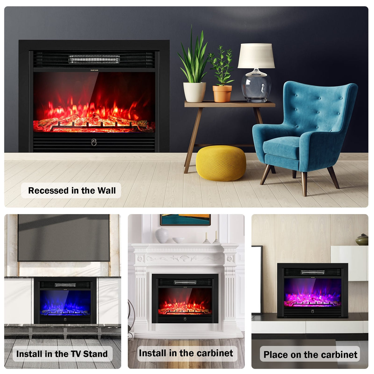 28.5 Inch Electric Fireplace Recessed with 3 Flame Colors-Fireplaces-DECOROLALA