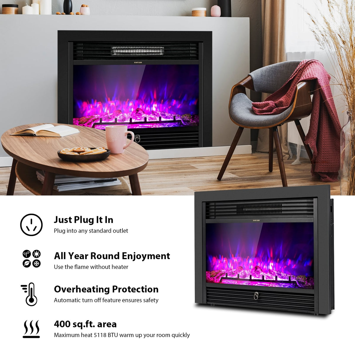 28.5 Inch Electric Fireplace Recessed with 3 Flame Colors-Fireplaces-DECOROLALA