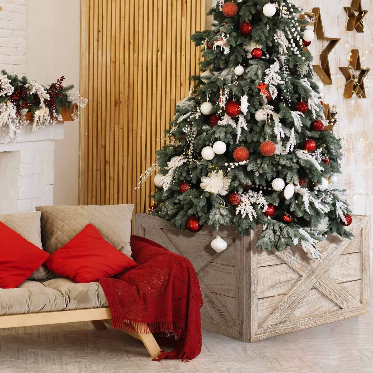 28.5 Inch Wooden Tree Collar Box for Indoor/Outdoor Use-Brown-Christmas Decorations & Accessories-DECOROLALA