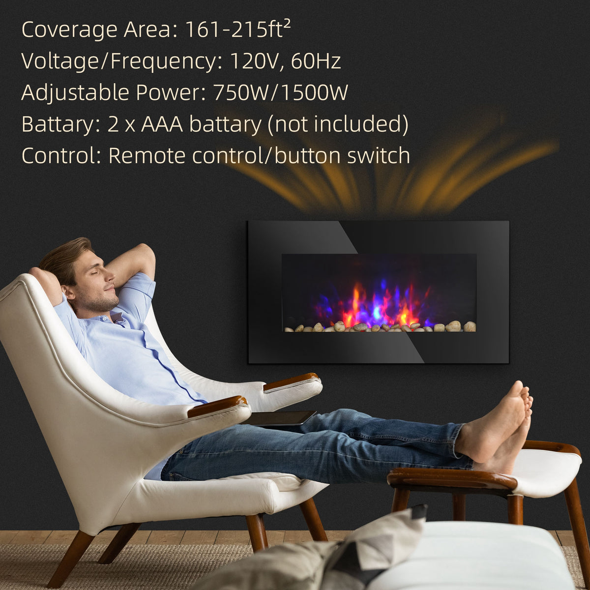 28.5" Wall Mounted Electric Fireplace - 7 LED Colors Black-Electric Fireplaces-DECOROLALA